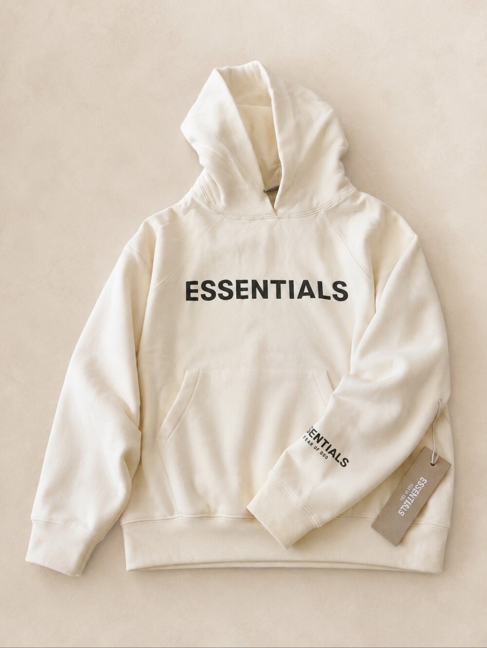 Essentials Cream Pullover Hoodie with Black Logo